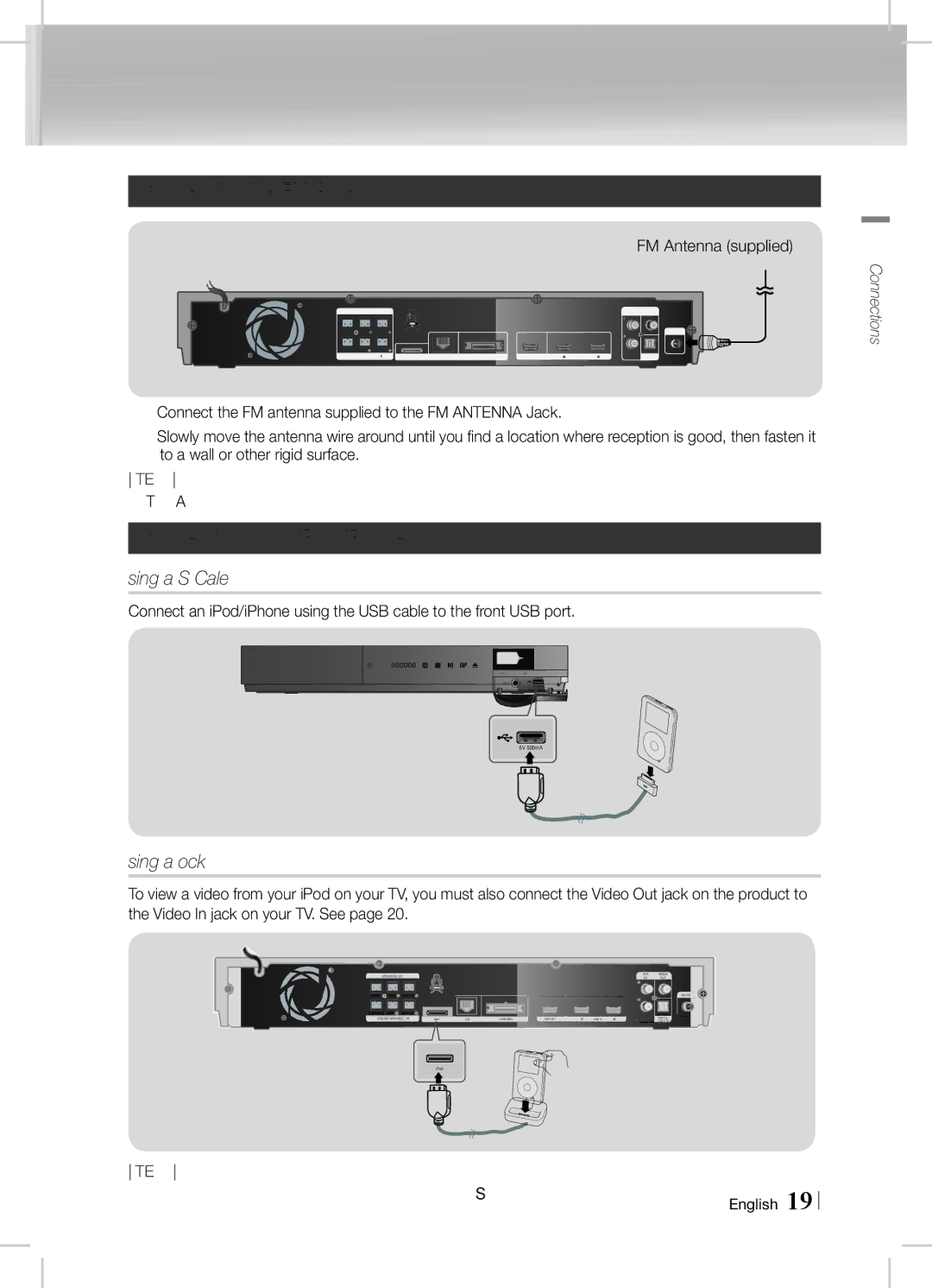 Samsung HT-E6750W/SQ manual Connecting the FM Antenna, Connecting to an iPod/iPhone, Using a USB Cable, Using a Dock 