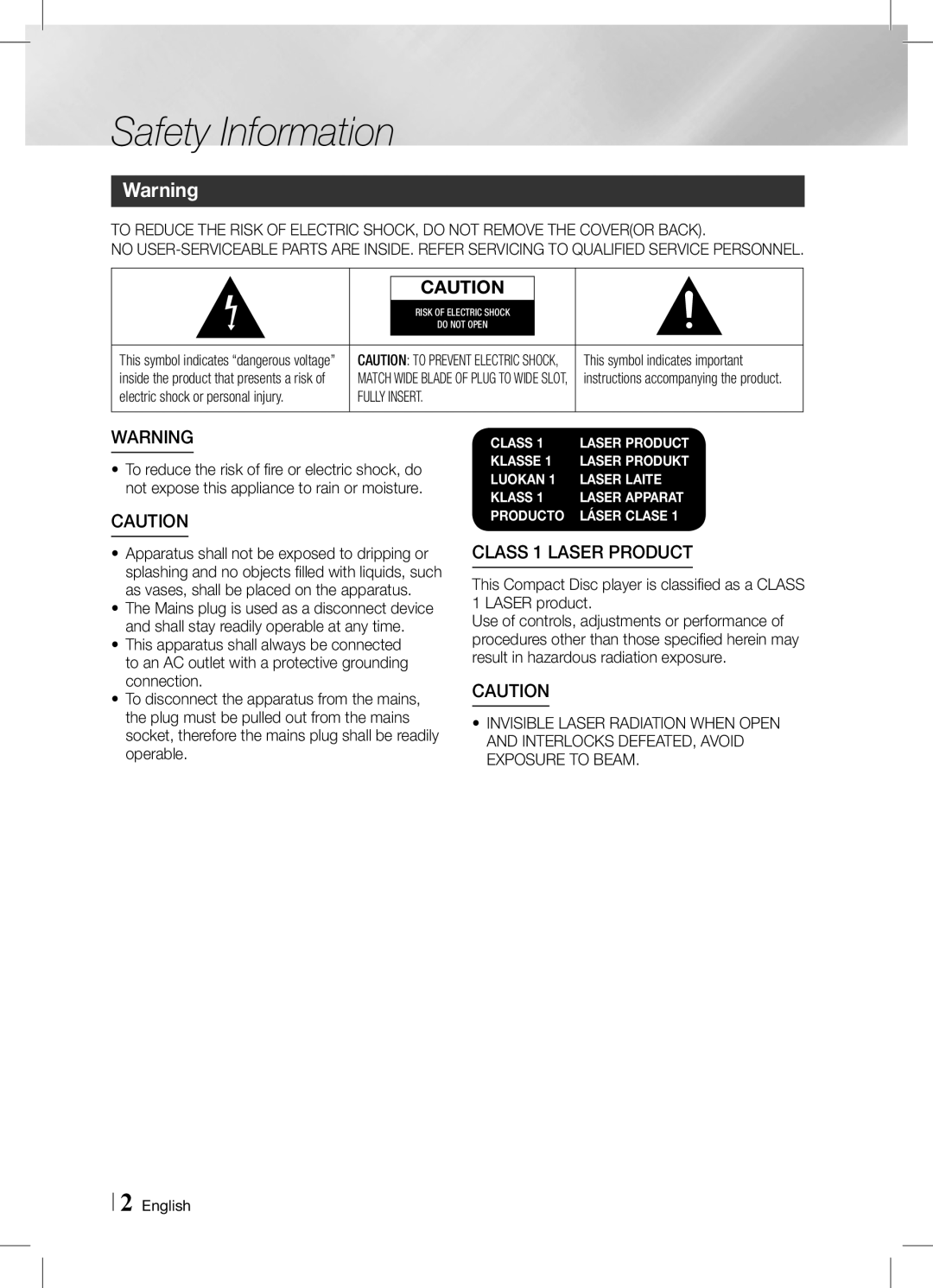 Samsung HT-E6750W/SQ manual Safety Information, This symbol indicates important 