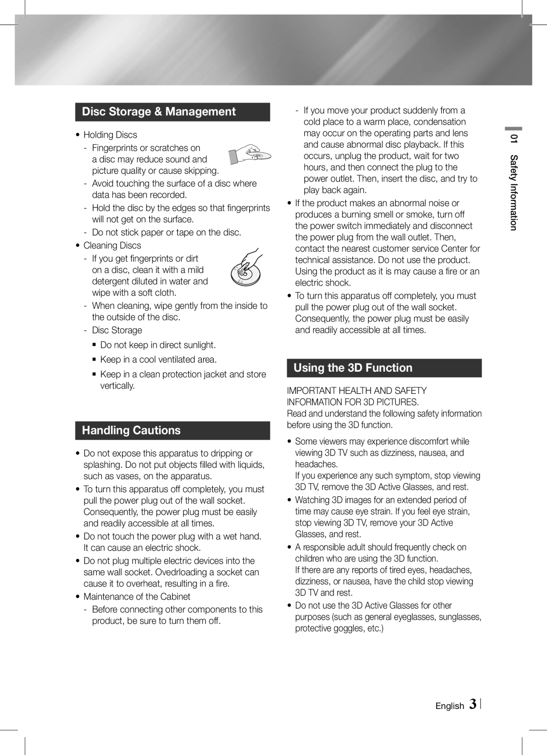 Samsung HT-E6750W/SQ manual Disc Storage & Management, Handling Cautions, Using the 3D Function, Holding Discs 