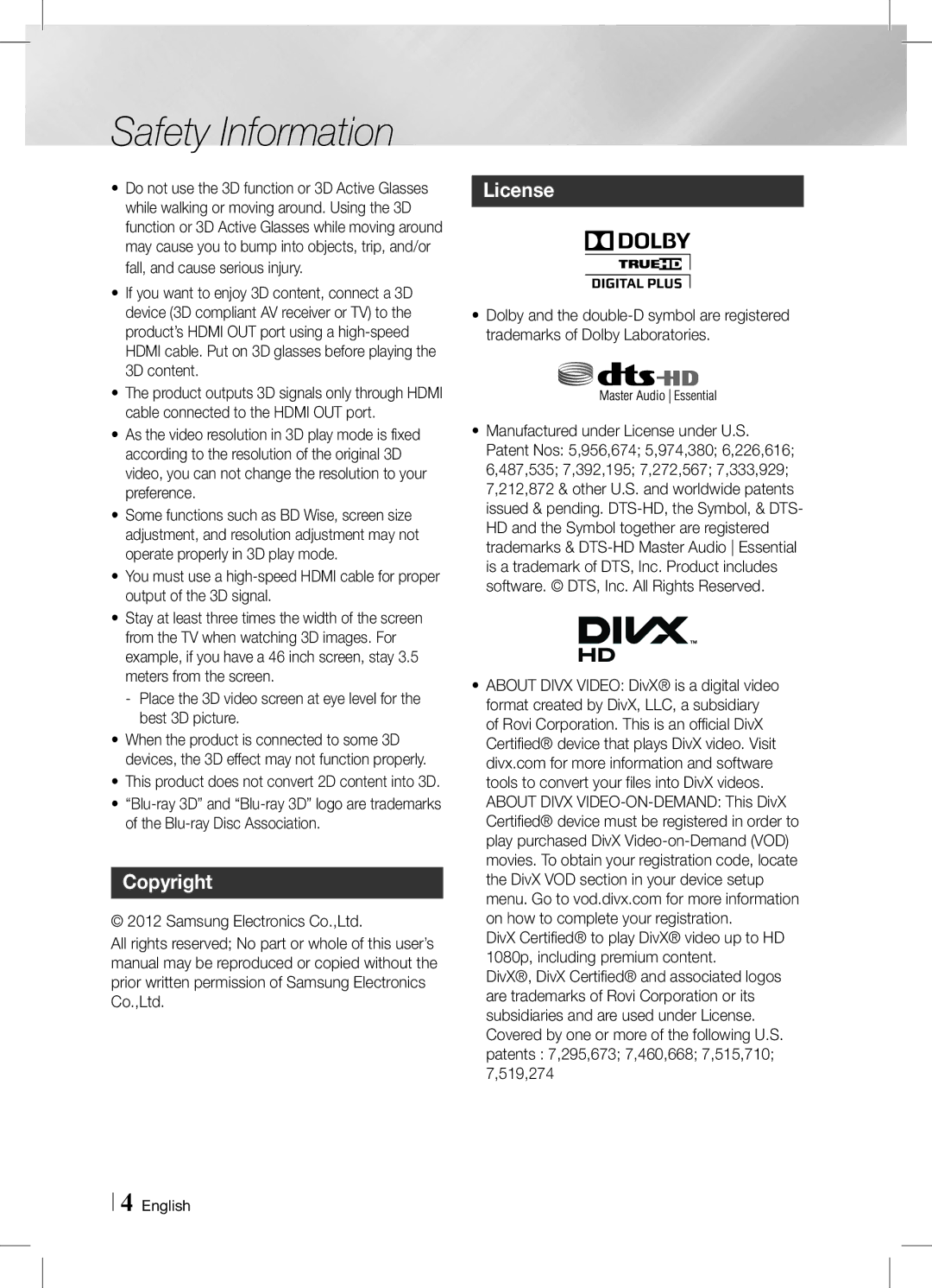 Samsung HT-E6750W/SQ manual Copyright License, This product does not convert 2D content into 3D 