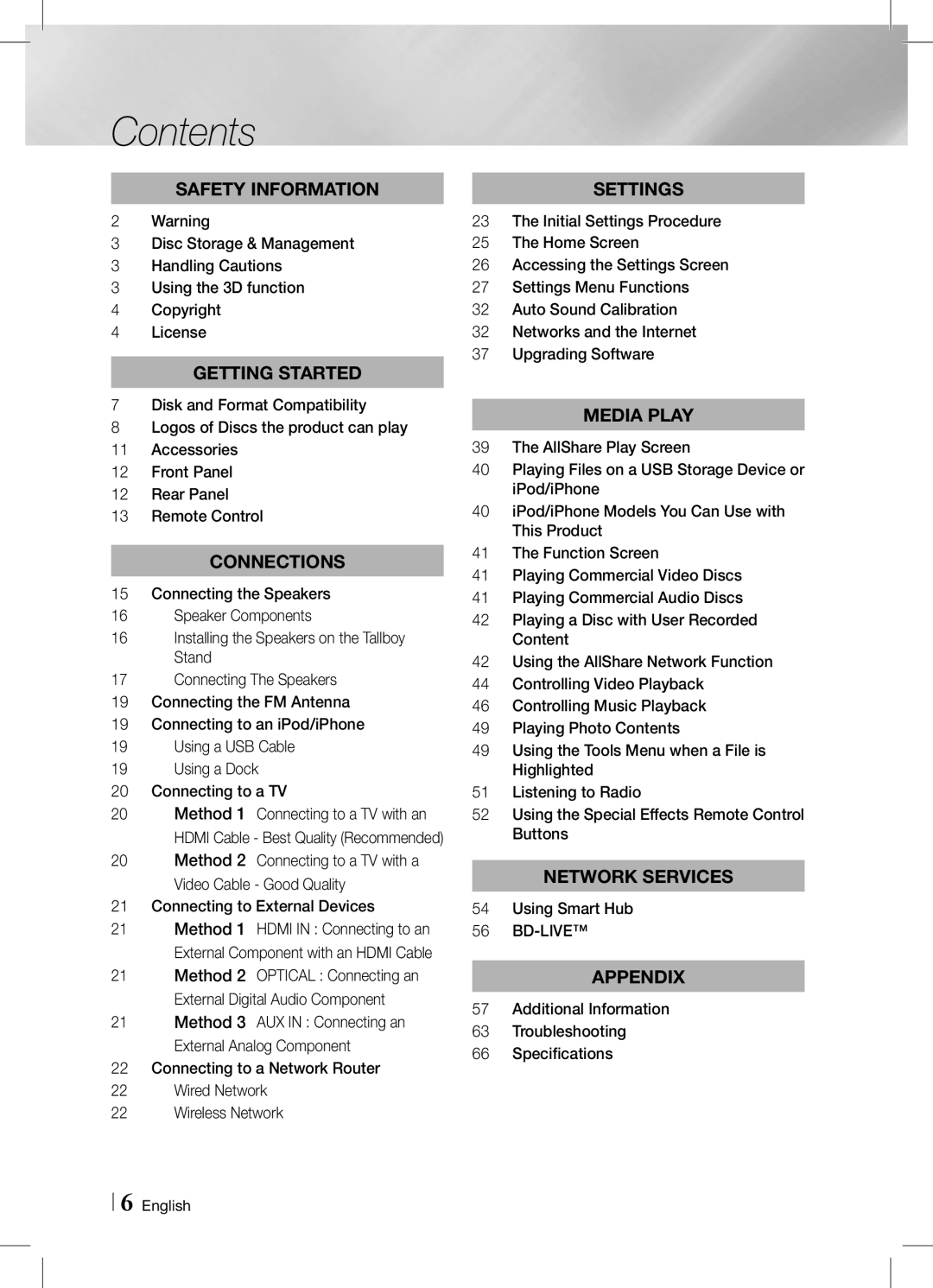 Samsung HT-E6750W/SQ manual Contents 