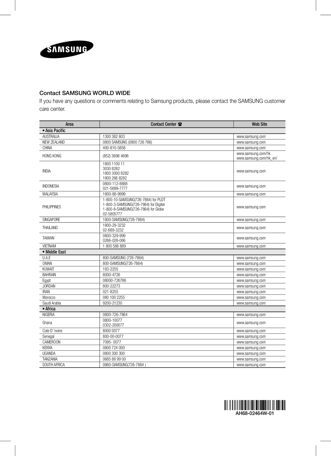 Samsung HT-E6750W/SQ manual ` Asia PacificArea Contact Center  Web Site, ` Middle East, ` Africa, AH68-02464W-01 