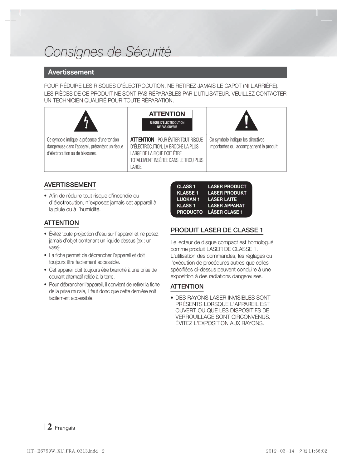 Samsung HT-E6759W/ZG manual Consignes de Sécurité, Avertissement, Large, ’électrocution ou de blessures, Français 