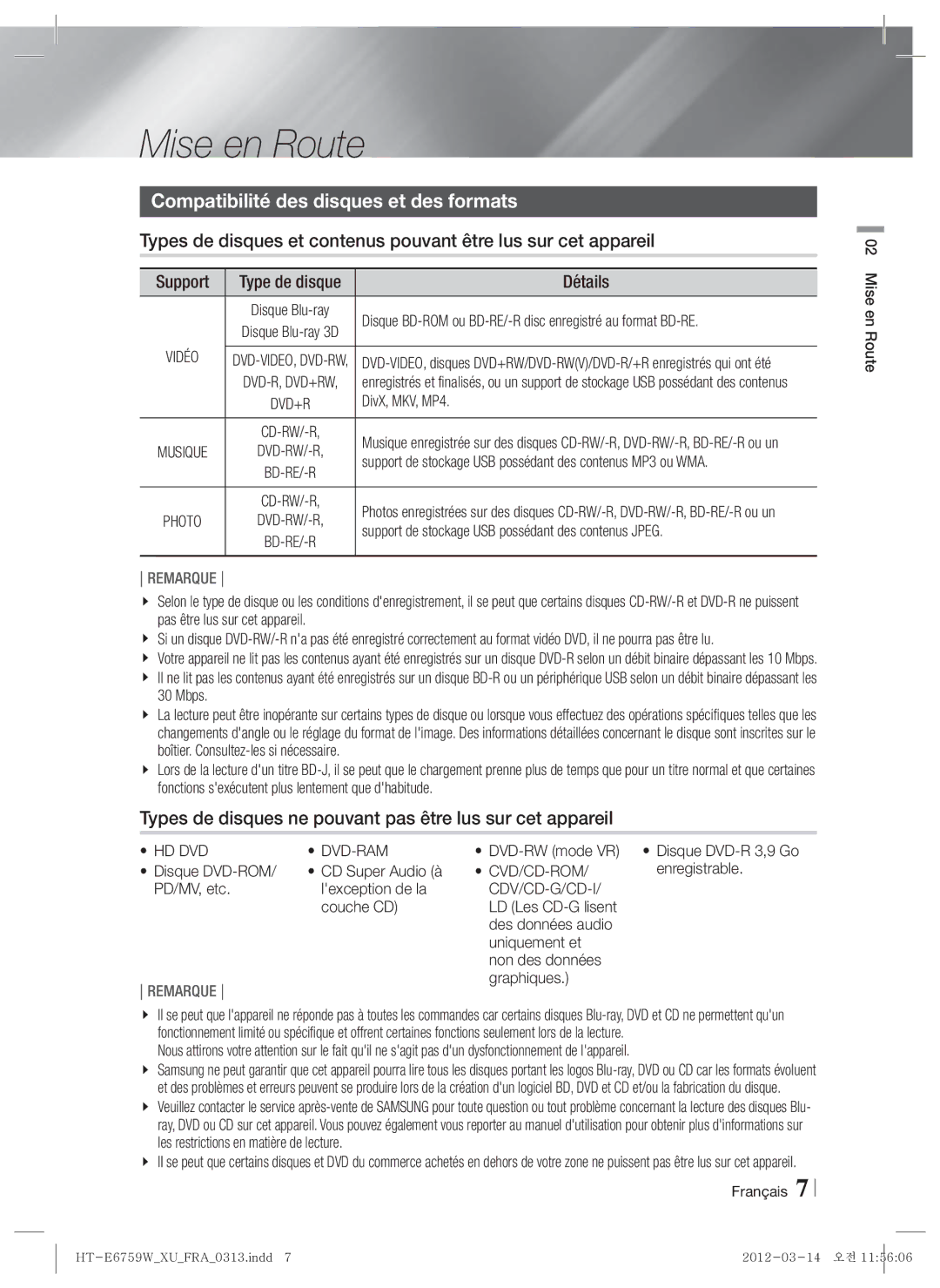 Samsung HT-E6759W/ZG manual Mise en Route, Compatibilité des disques et des formats, Support, Détails 