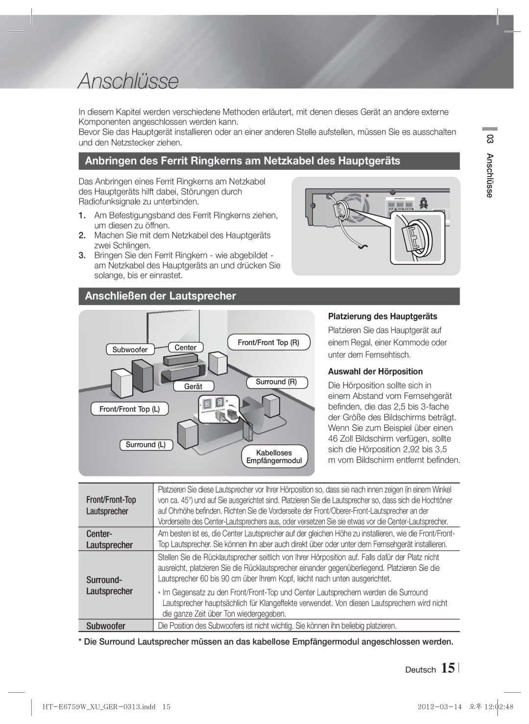 Samsung HT-E6759W/ZG Anschlüsse, Anbringen des Ferrit Ringkerns am Netzkabel des Hauptgeräts, Anschließen der Lautsprecher 