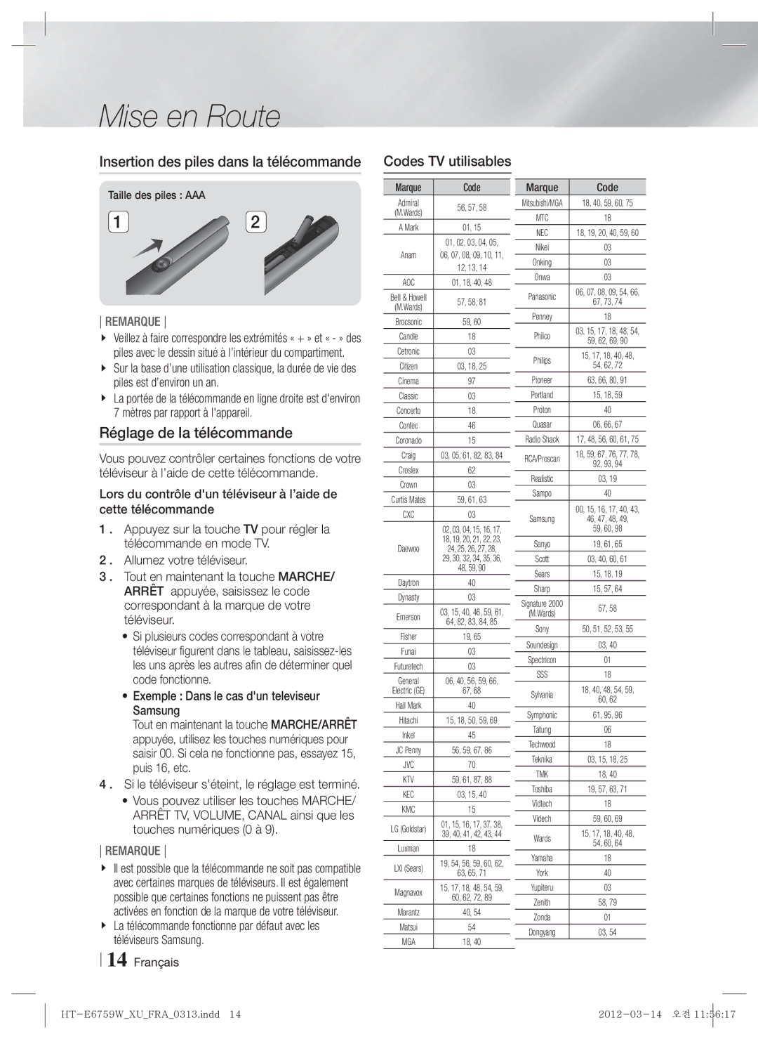 Samsung HT-E6759W/ZG manual Réglage de la télécommande, Insertion des piles dans la télécommande, Codes TV utilisables 