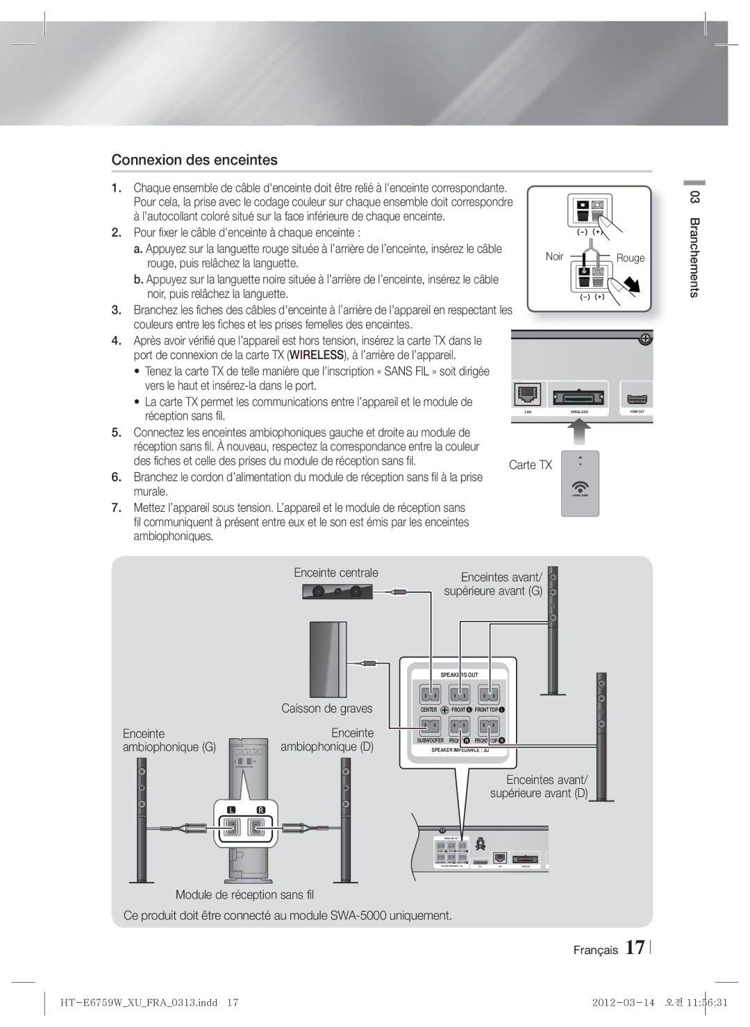 Samsung HT-E6759W/ZG manual Connexion des enceintes, Réception sans fil, Enceinte Ambiophonique G, Enceintes avant 