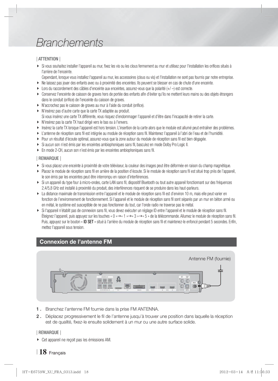 Samsung HT-E6759W/ZG manual Connexion de l’antenne FM, Antenne FM fournie, Cet appareil ne reçoit pas les émissions AM 