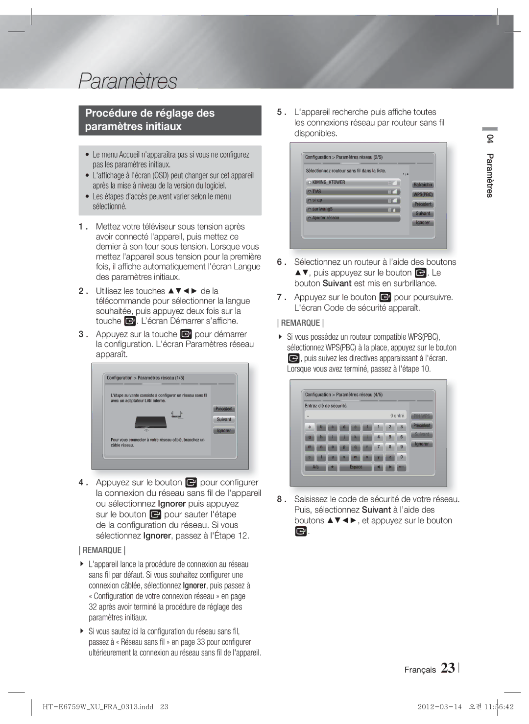 Samsung HT-E6759W/ZG manual Procédure de réglage des Paramètres initiaux, Français Paramètres 