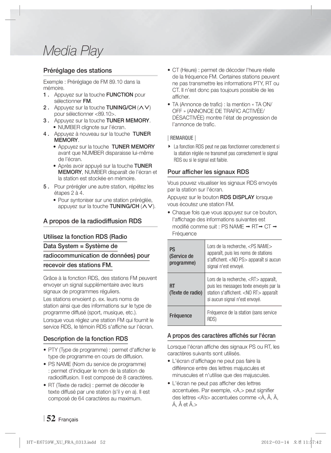 Samsung HT-E6759W/ZG manual Préréglage des stations, Propos de la radiodiffusion RDS, Description de la fonction RDS 