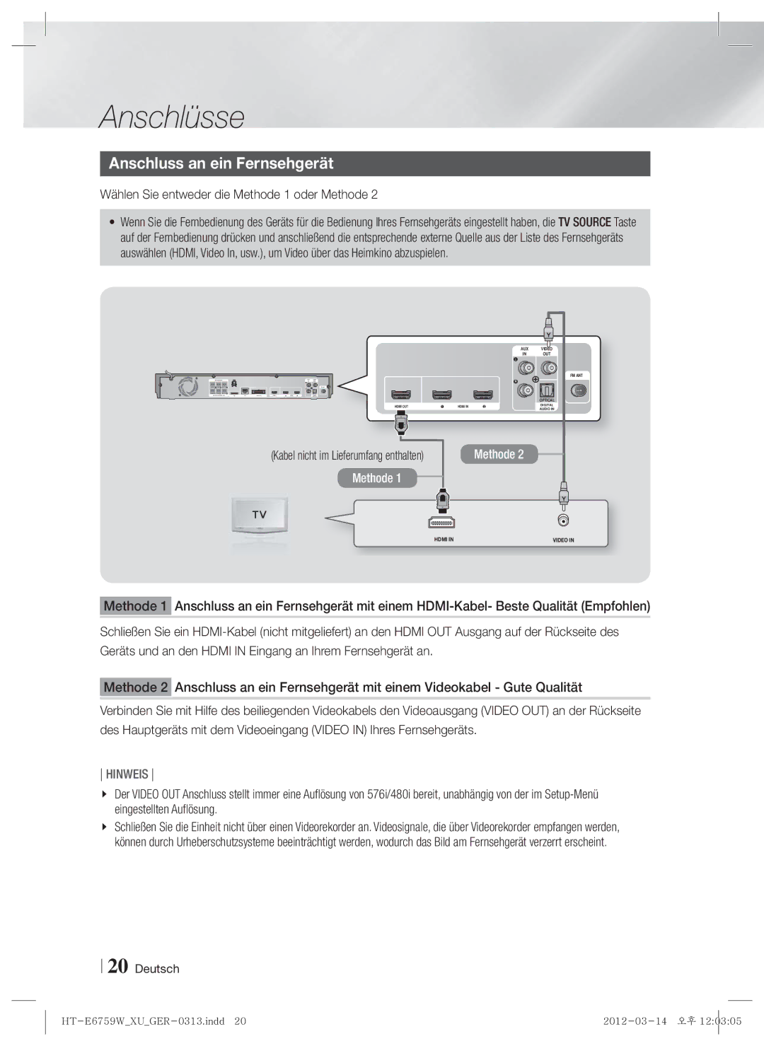 Samsung HT-E6759W/ZG manual Anschluss an ein Fernsehgerät, Wählen Sie entweder die Methode 1 oder Methode 