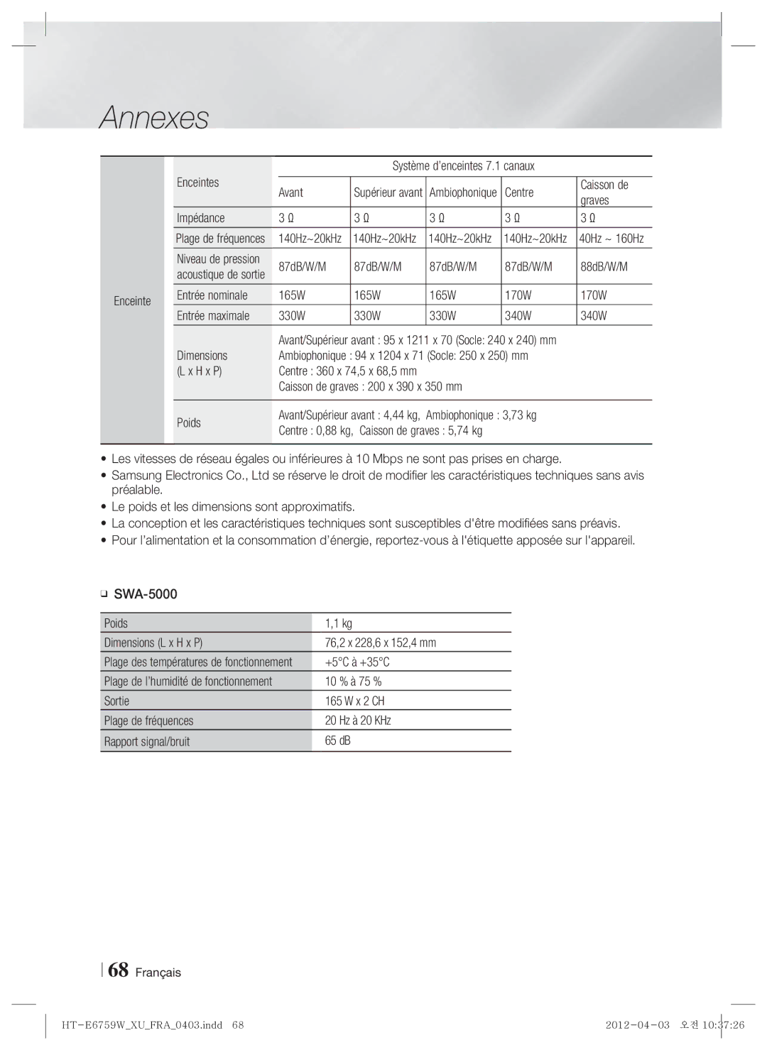 Samsung HT-E6759W/ZG manual Enceintes Avant, Centre, Graves, Impédance, 87dB/W/M 88dB/W/M, H x P, Ambiophonique 3,73 kg 