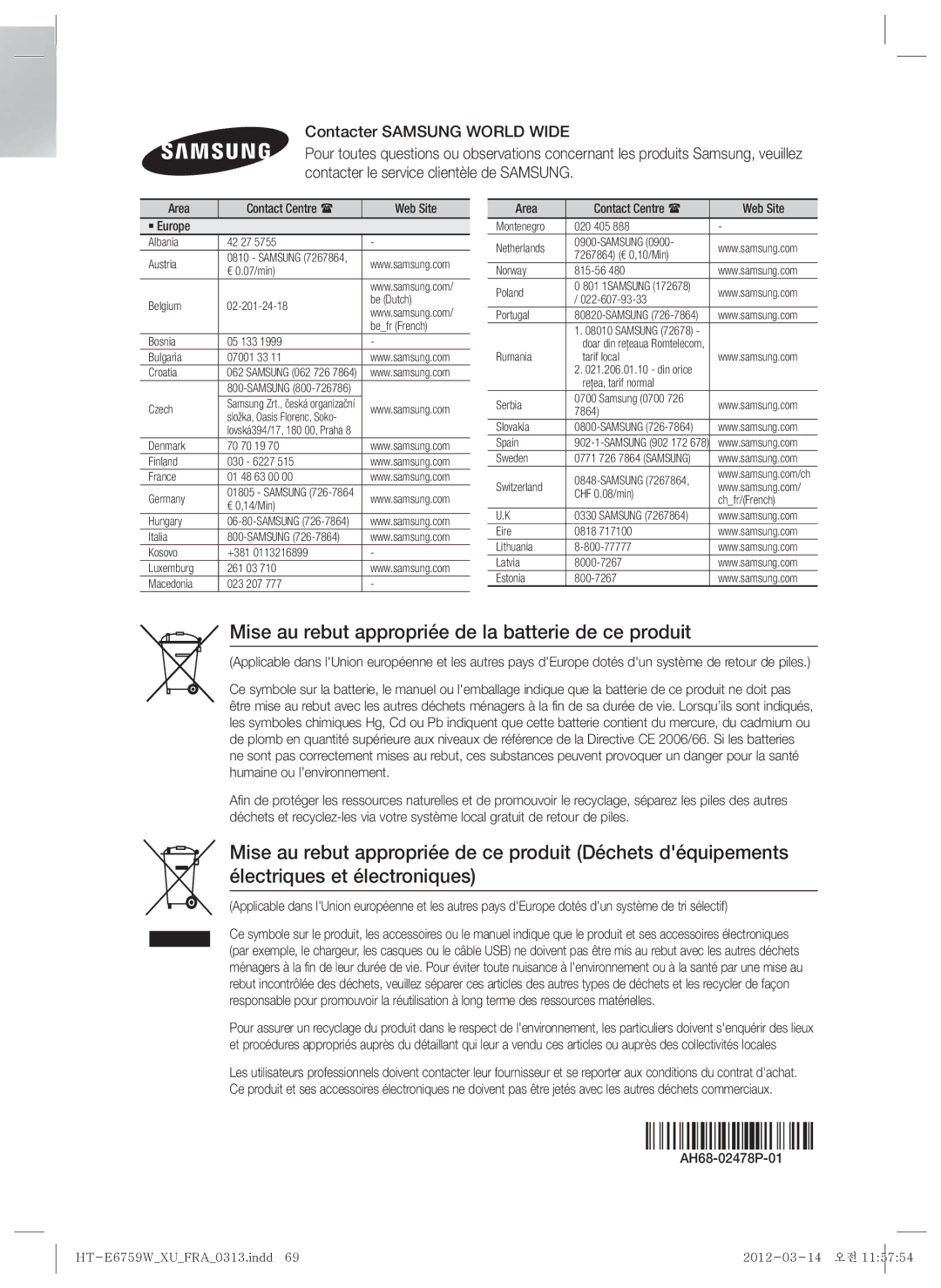 Samsung HT-E6759W/ZG manual Mise au rebut appropriée de la batterie de ce produit, AH68-02478P-01 