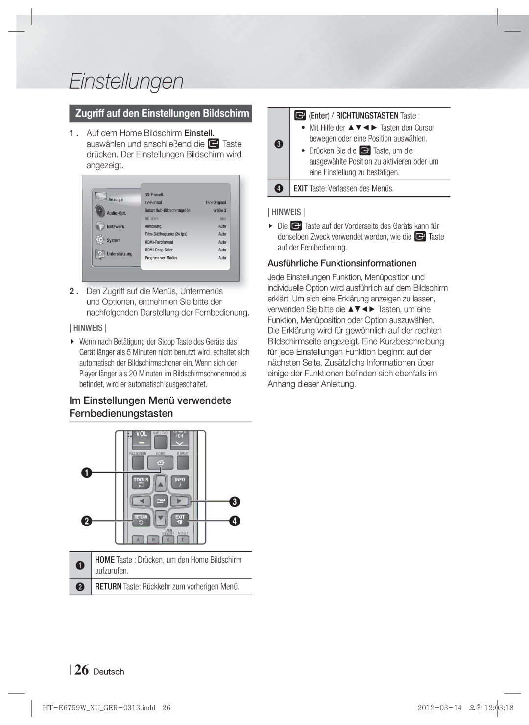 Samsung HT-E6759W/ZG manual Im Einstellungen Menü verwendete Fernbedienungstasten 