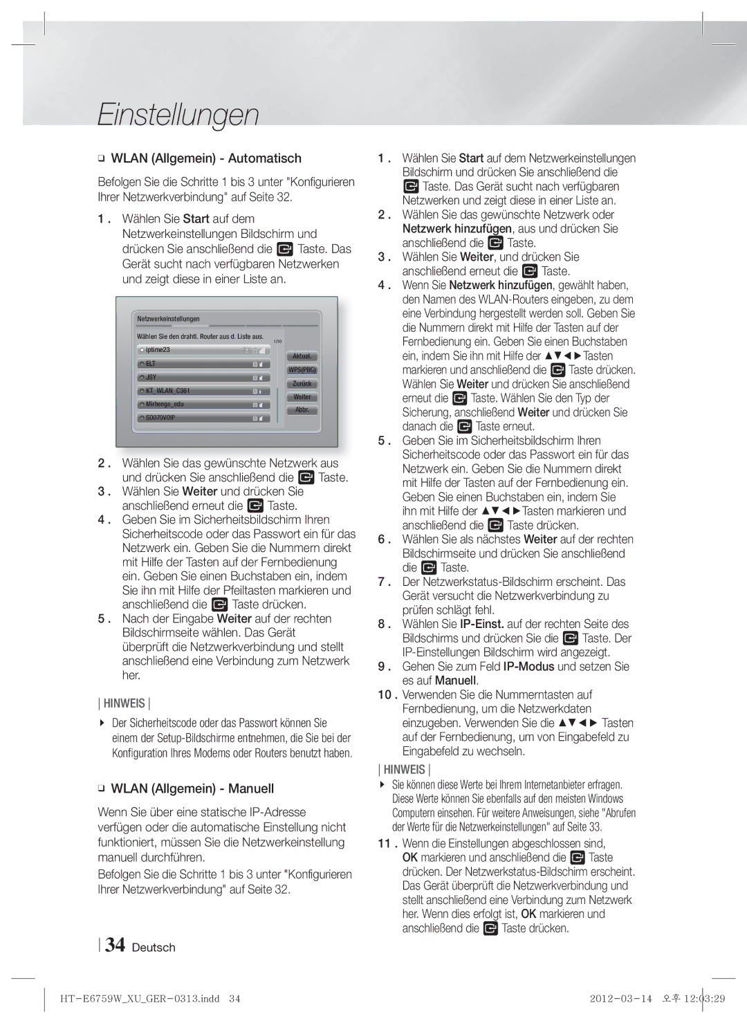 Samsung HT-E6759W/ZG manual Wlan Allgemein Automatisch 