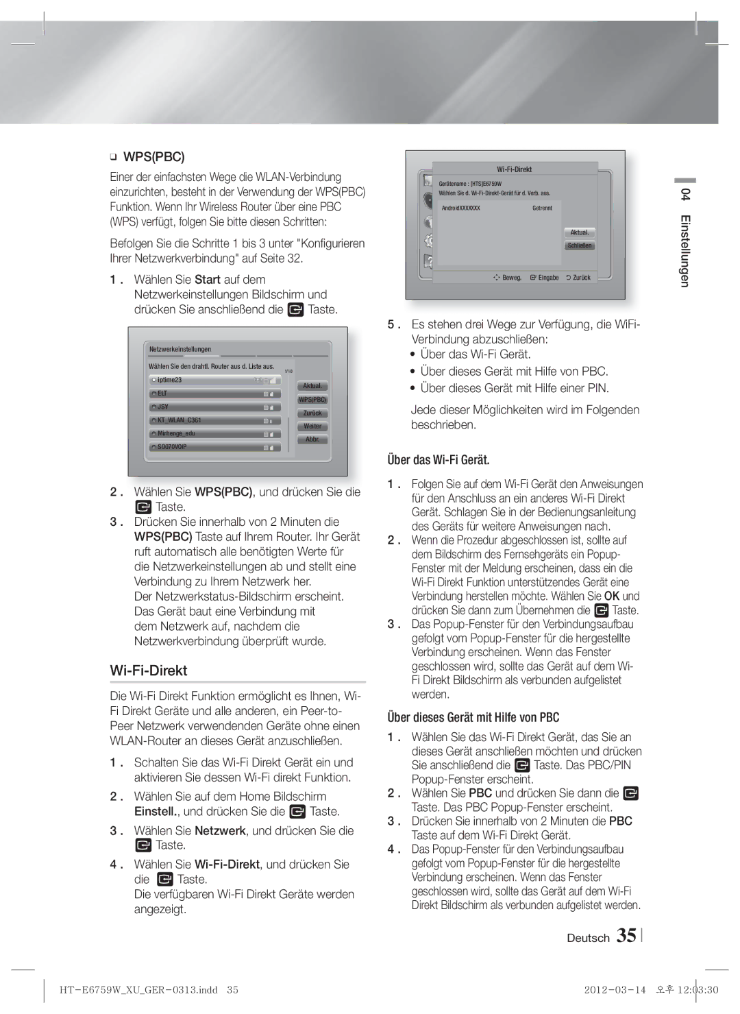 Samsung HT-E6759W/ZG manual Wi-Fi-Direkt, Wählen Sie WPSPBC, und drücken Sie die Taste 