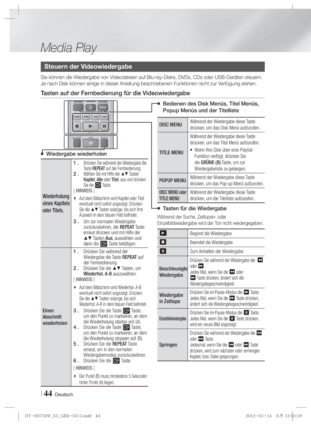 Samsung HT-E6759W/ZG manual Steuern der Videowiedergabe, Tasten auf der Fernbedienung für die Videowiedergabe, Disc Menu 