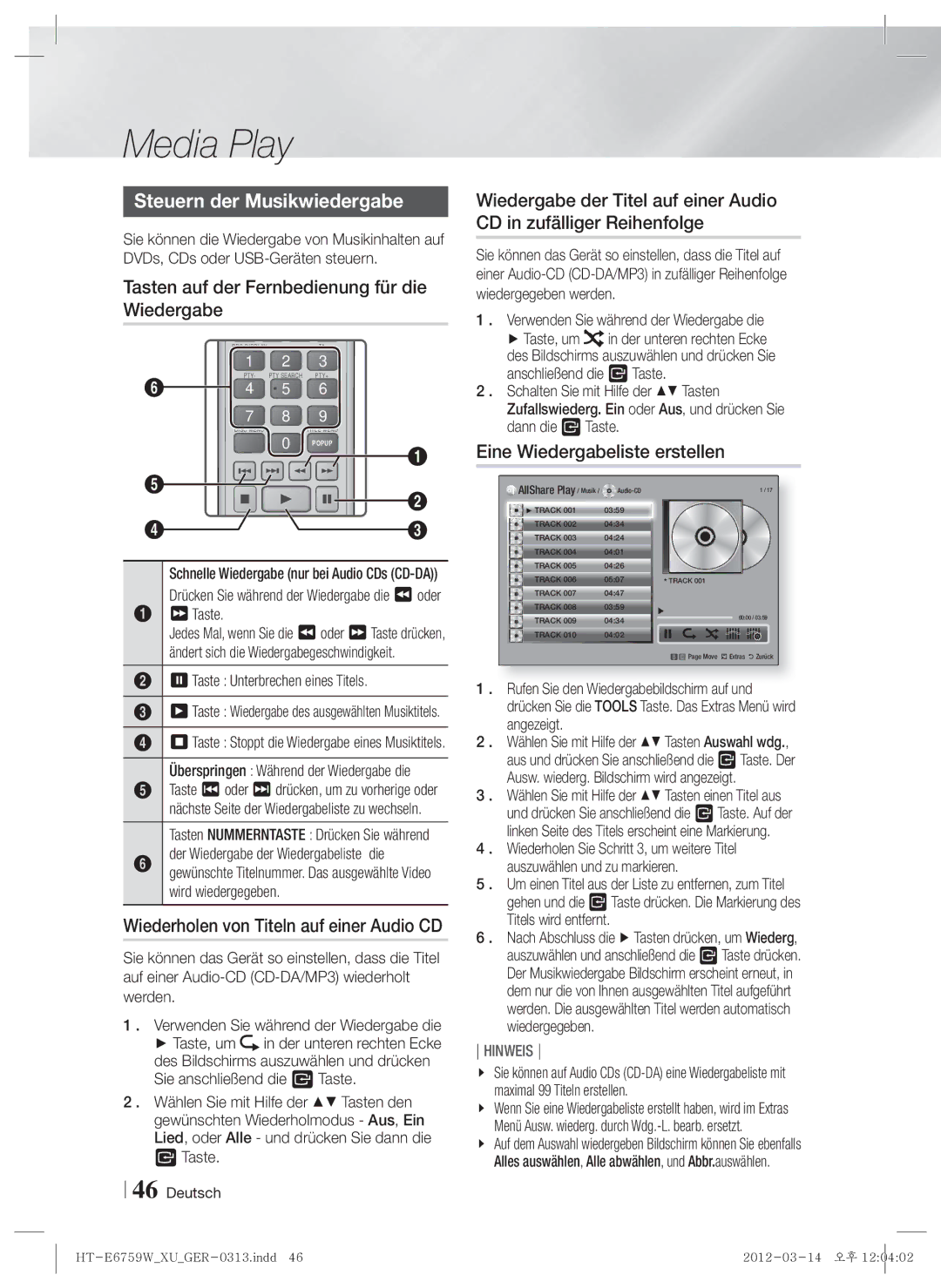 Samsung HT-E6759W/ZG manual Steuern der Musikwiedergabe, Tasten auf der Fernbedienung für die Wiedergabe 