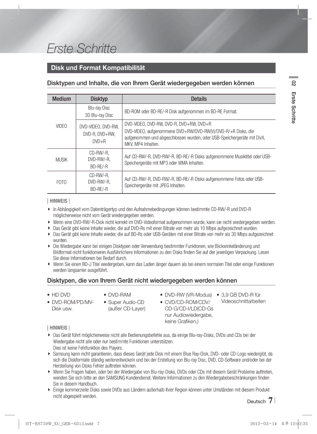 Samsung HT-E6759W/ZG manual Erste Schritte, Disk und Format Kompatibilität, Medium Disktyp Details 