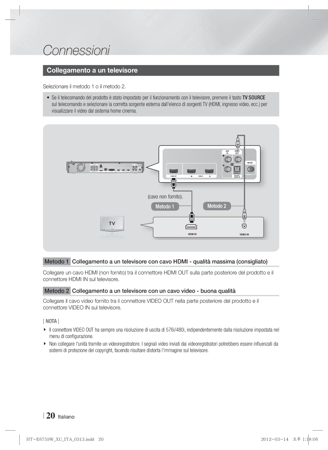 Samsung HT-E6759W/ZG manual Collegamento a un televisore, Selezionare il metodo 1 o il metodo, Cavo non fornito 