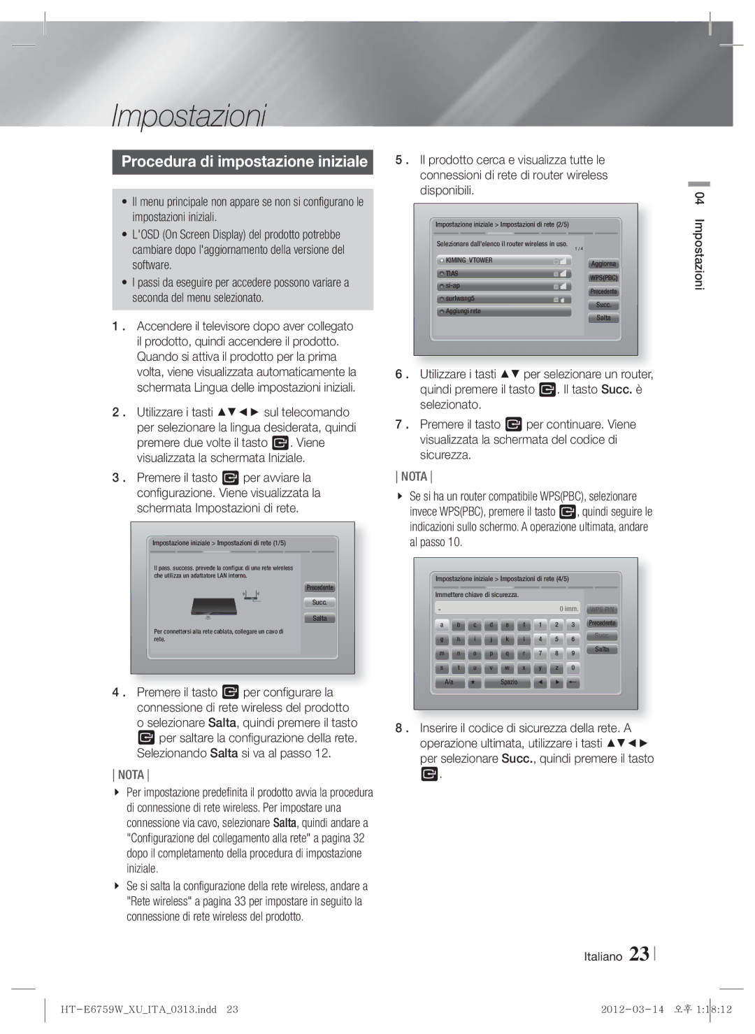 Samsung HT-E6759W/ZG manual Procedura di impostazione iniziale, Italiano Impostazioni 