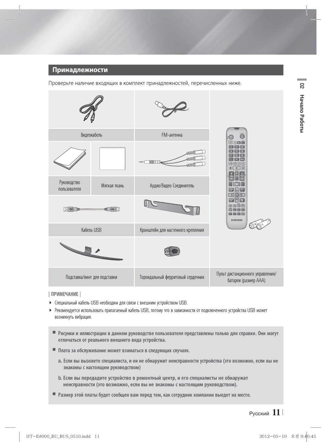 Samsung HT-E8000/RU manual Принадлежности, FM-антенна, Мягкая ткань, Кабель USB, Батареи размер AAA 