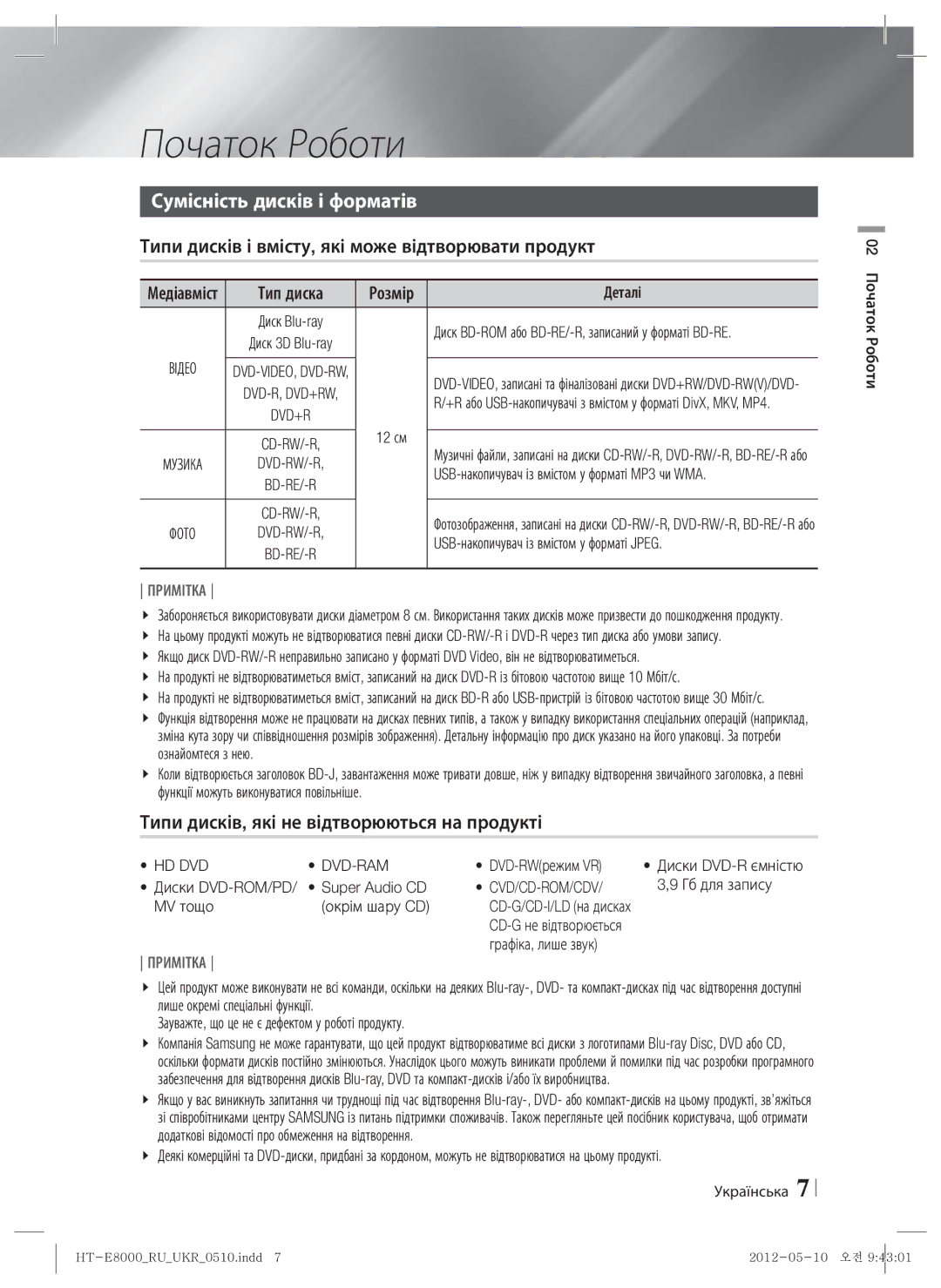 Samsung HT-E8000/RU Початок Роботи, Сумісність дисків і форматів, Типи дисків і вмісту, які може відтворювати продукт 