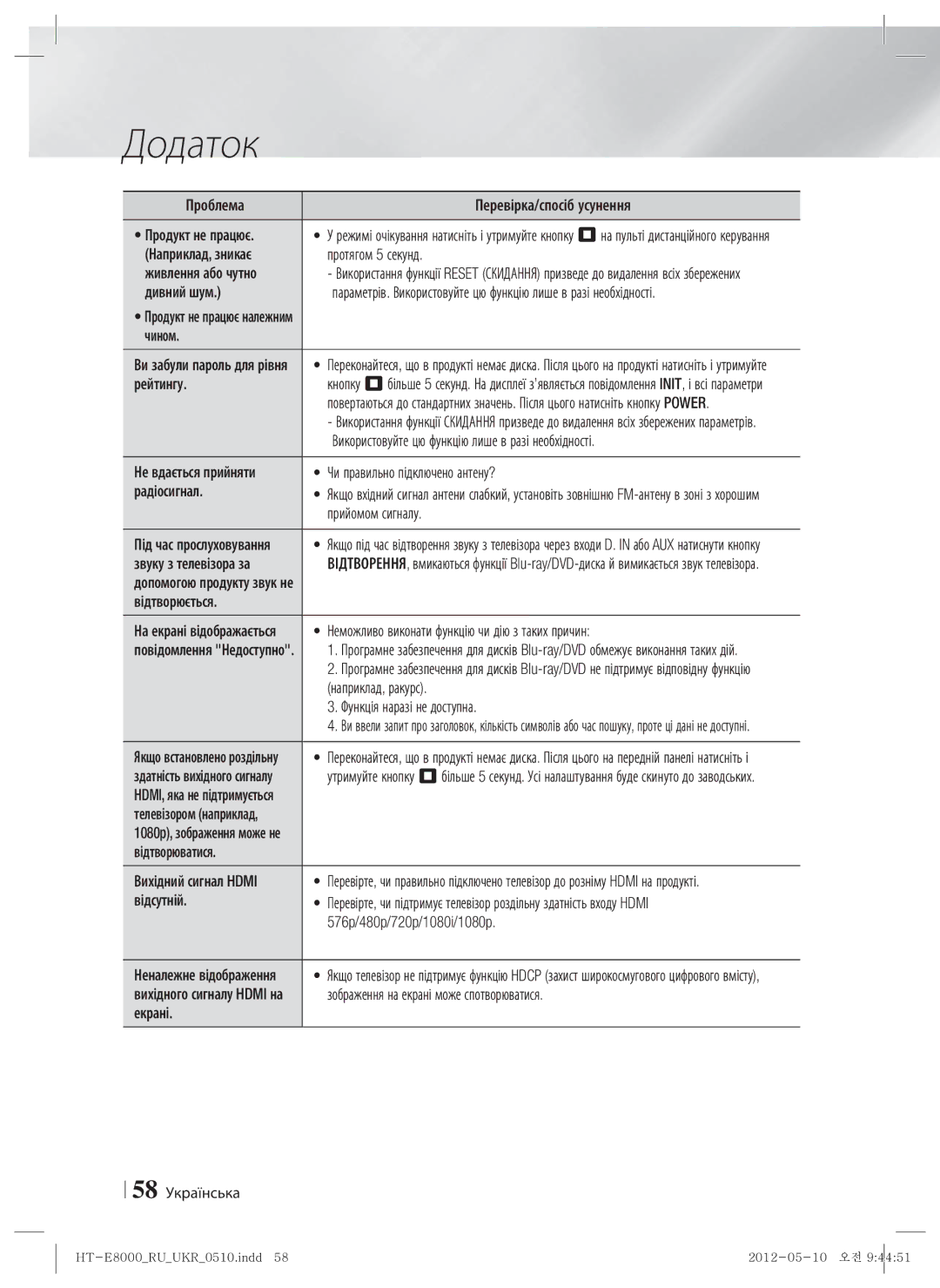 Samsung HT-E8000/RU Наприклад, зникає Протягом 5 секунд Живлення або чутно, Дивний шум, Продукт не працює належним чином 
