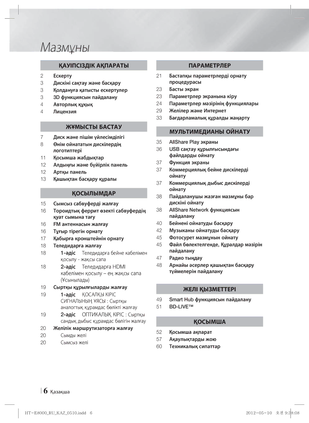 Samsung HT-E8000/RU manual Мазмұны, AllShare Play экраны, Smart Hub функциясын пайдалану 