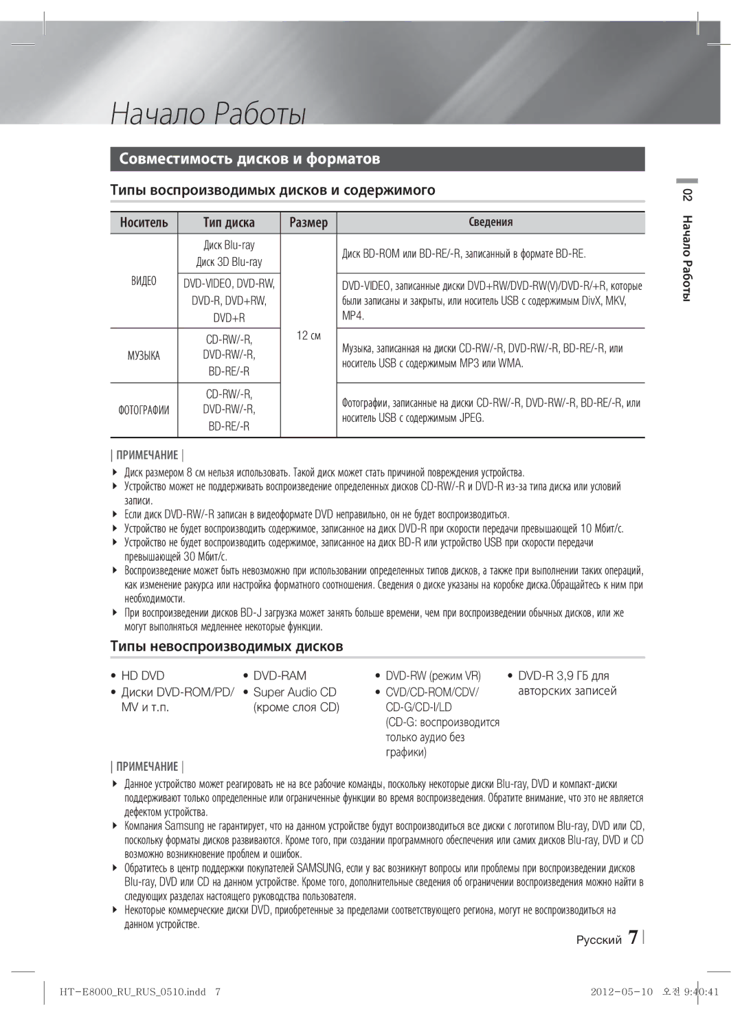 Samsung HT-E8000/RU Начало Работы, Совместимость дисков и форматов, Типы воспроизводимых дисков и содержимого, Тип диска 