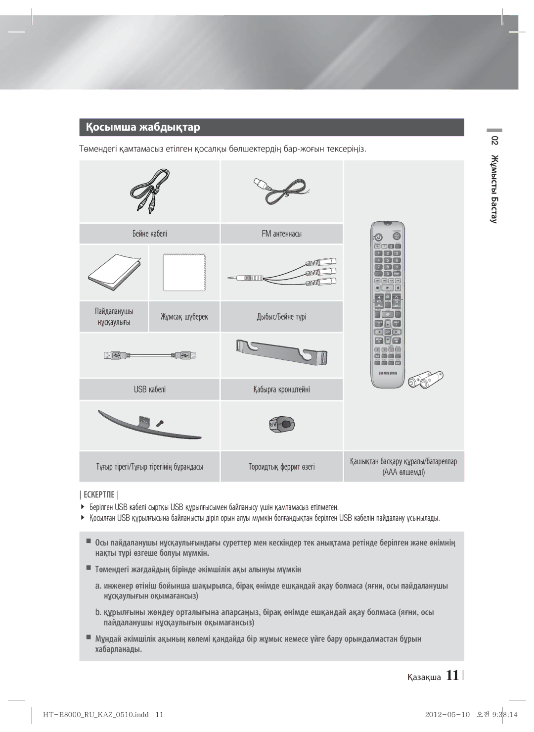 Samsung HT-E8000/RU manual Қосымша жабдықтар, FM антеннасы, Жұмсақ шүберек, USB кабелі, Қашықтан басқару құралы/батареялар 