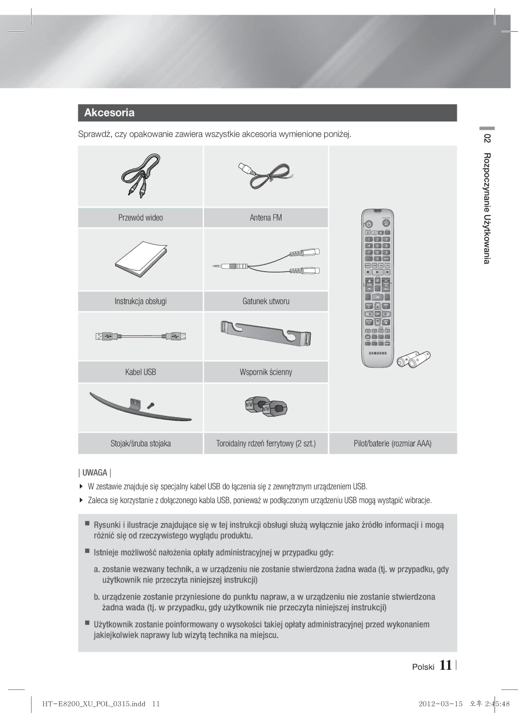 Samsung HT-E8200/EN manual Akcesoria, Przewód wideo, Instrukcja obsługi, Kabel USB, Stojak/śruba stojaka 