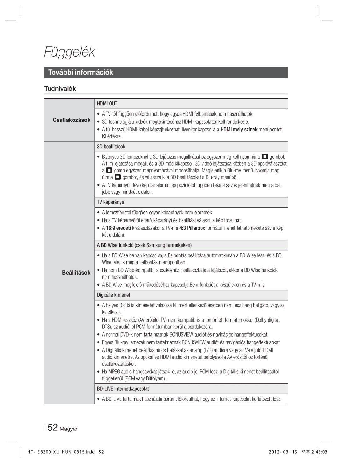 Samsung HT-E8200/EN manual Függelék, További információk, Tudnivalók, Hdmi OUT 