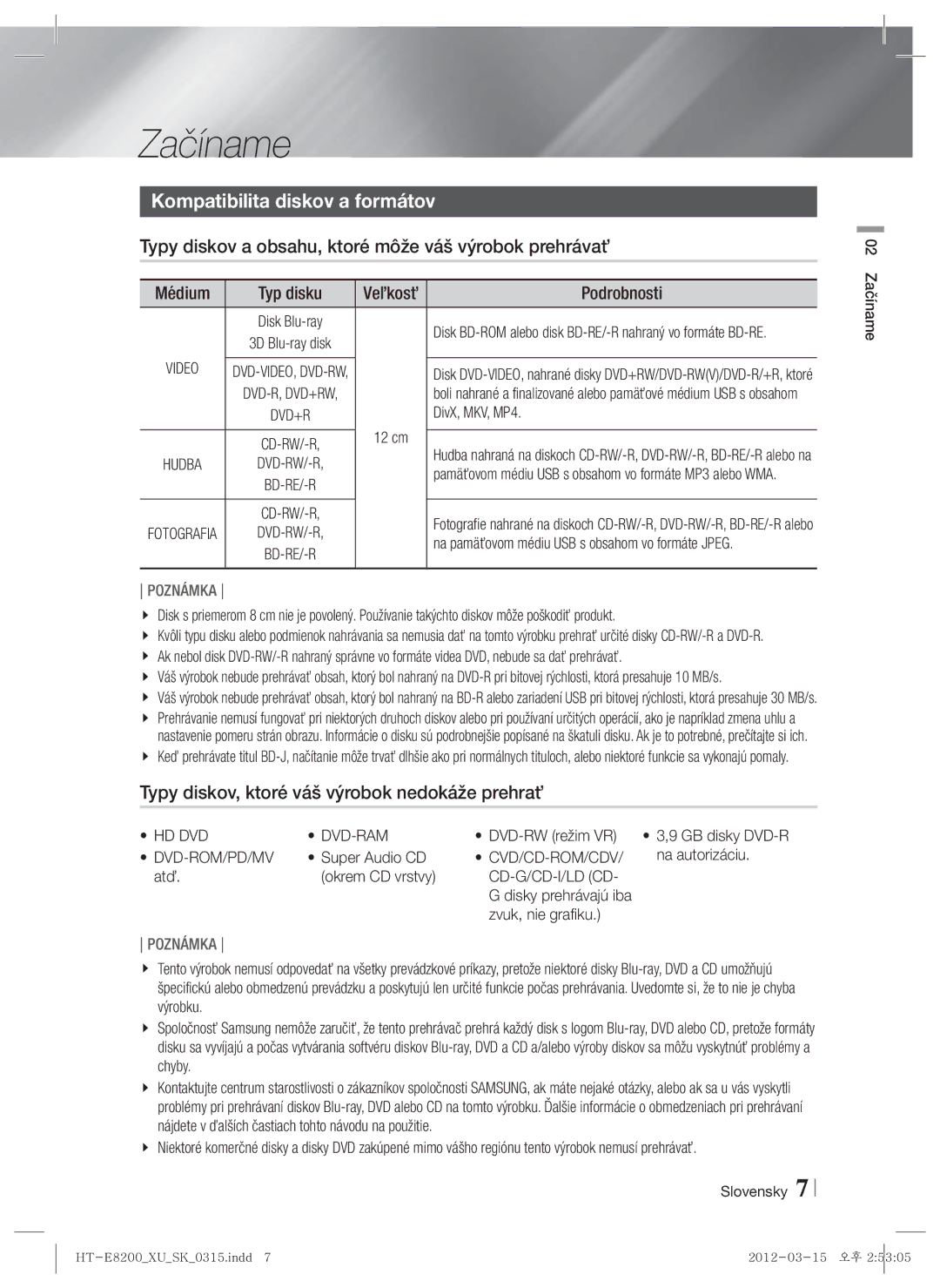 Samsung HT-E8200/EN Začíname, Kompatibilita diskov a formátov, Typy diskov a obsahu, ktoré môže váš výrobok prehrávať 