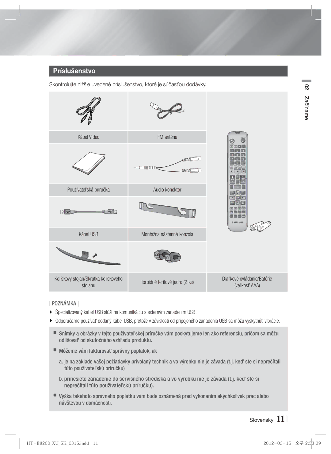 Samsung HT-E8200/EN manual Príslušenstvo, Diaľkové ovládanie/Batérie, Začíname 