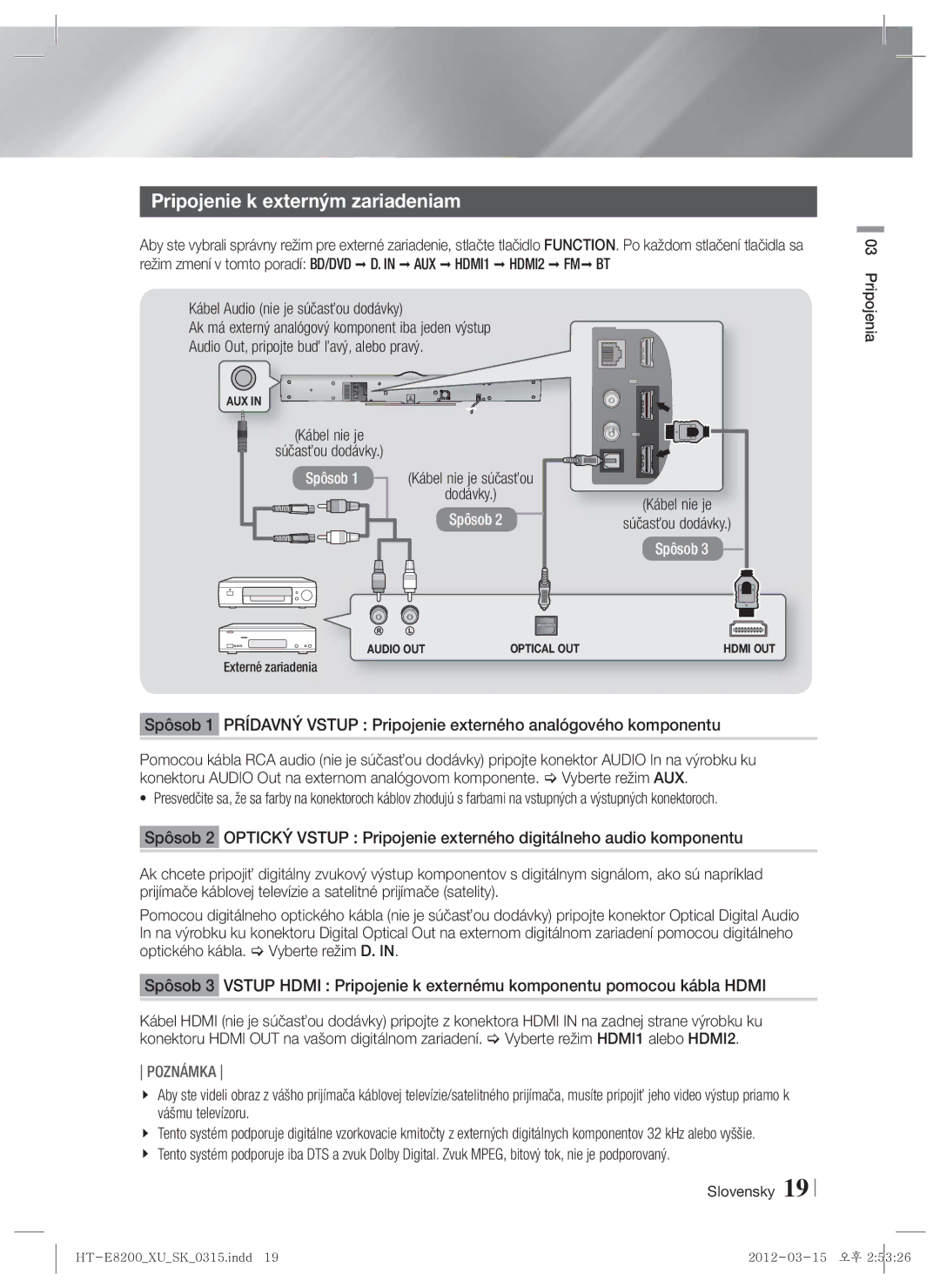 Samsung HT-E8200/EN manual Pripojenie k externým zariadeniam, Kábel nie je Súčasťou dodávky, Externé zariadenia 