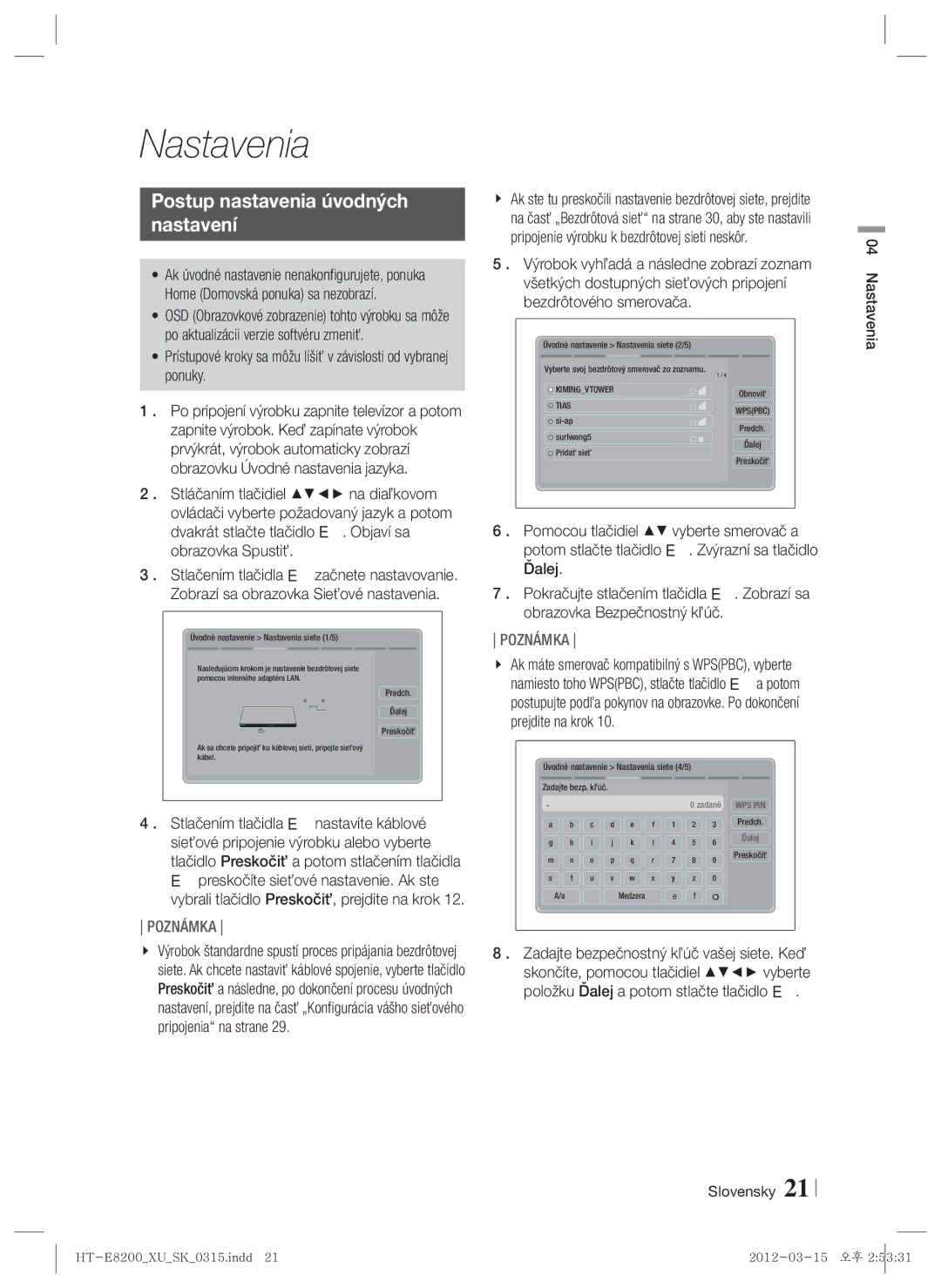 Samsung HT-E8200/EN manual Postup nastavenia úvodných Nastavení, Slovensky Nastavenia 