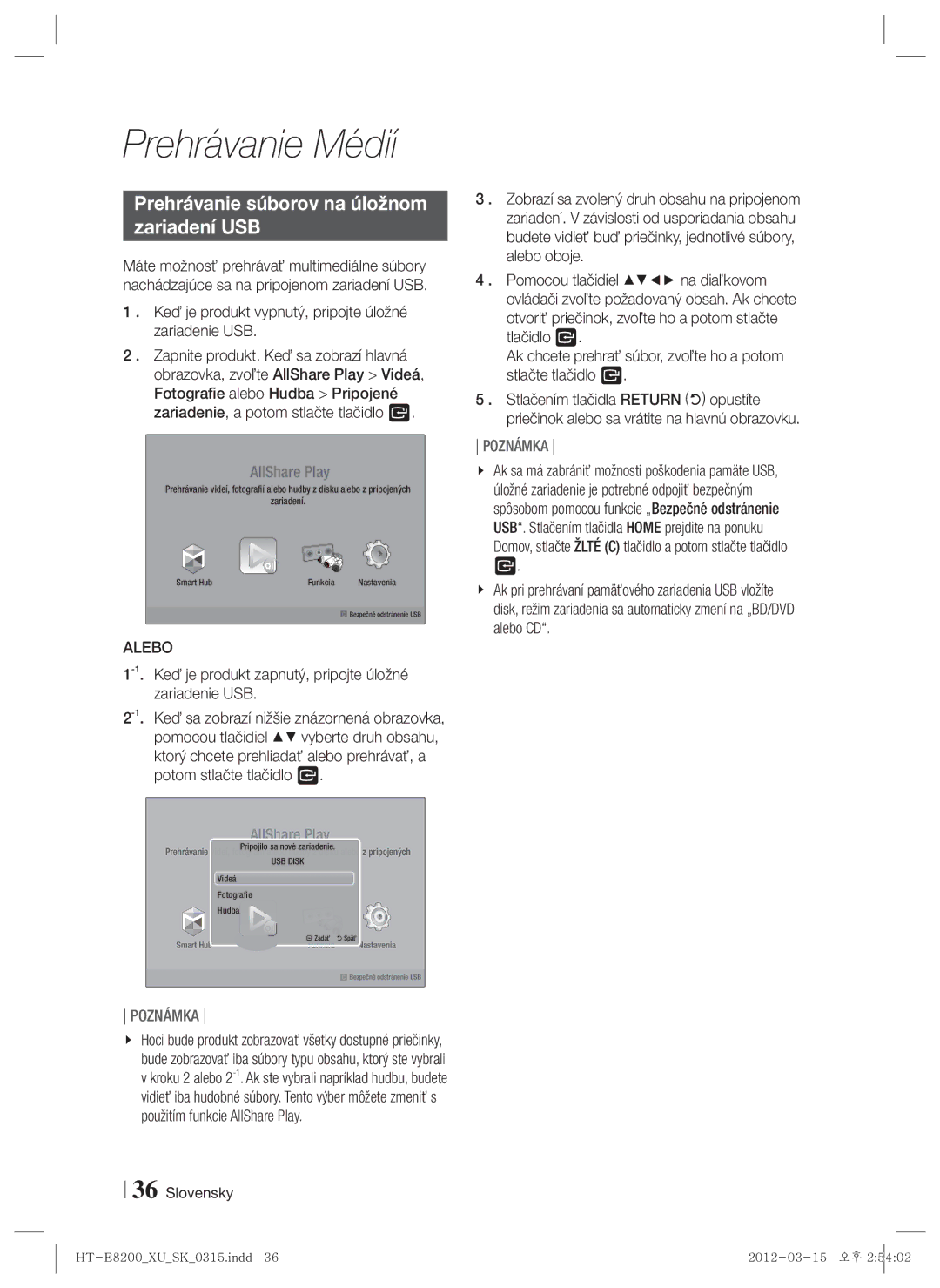 Samsung HT-E8200/EN Prehrávanie súborov na úložnom Zariadení USB, Keď je produkt vypnutý, pripojte úložné zariadenie USB 