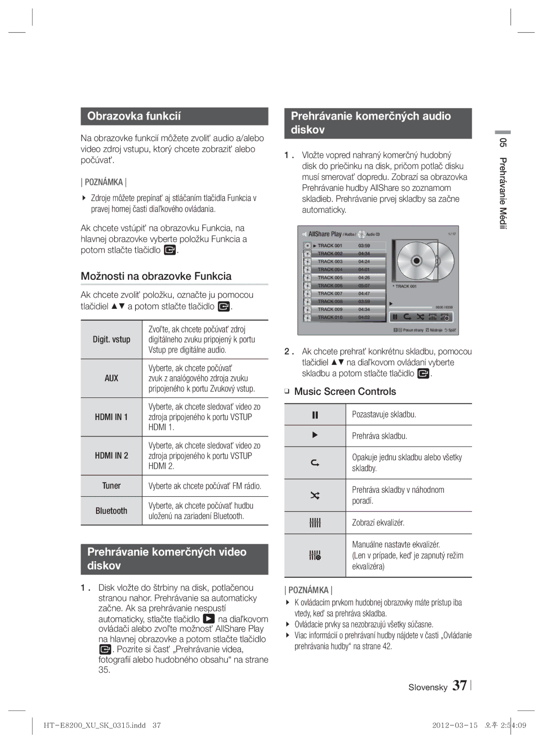 Samsung HT-E8200/EN manual Obrazovka funkcií, Možnosti na obrazovke Funkcia, Prehrávanie komerčných audio Diskov 