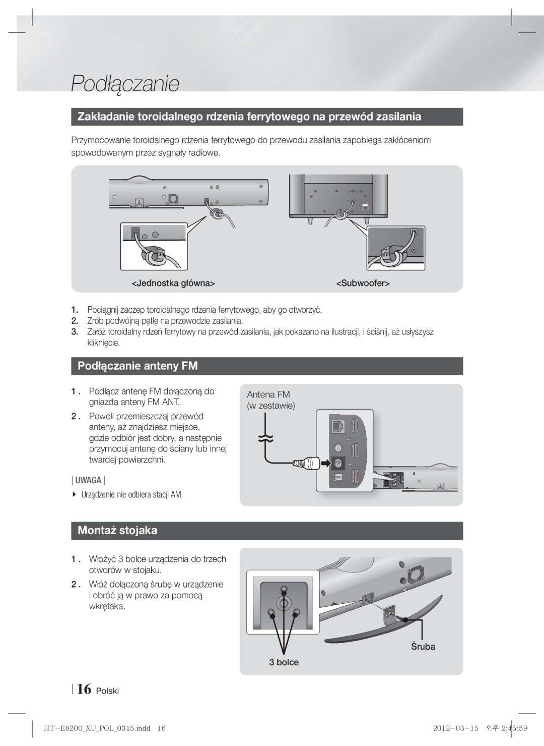 Samsung HT-E8200/EN manual Podłączanie anteny FM, Montaż stojaka 