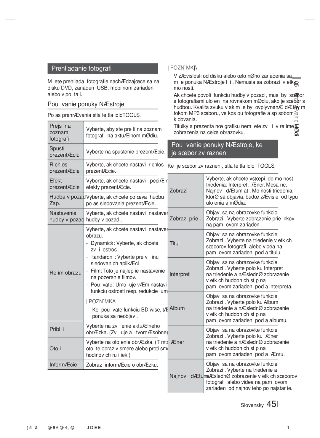 Samsung HT-E8200/EN manual Prehliadanie fotografií, Používanie ponuky Nástroje, keď Je súbor zvýraznený 