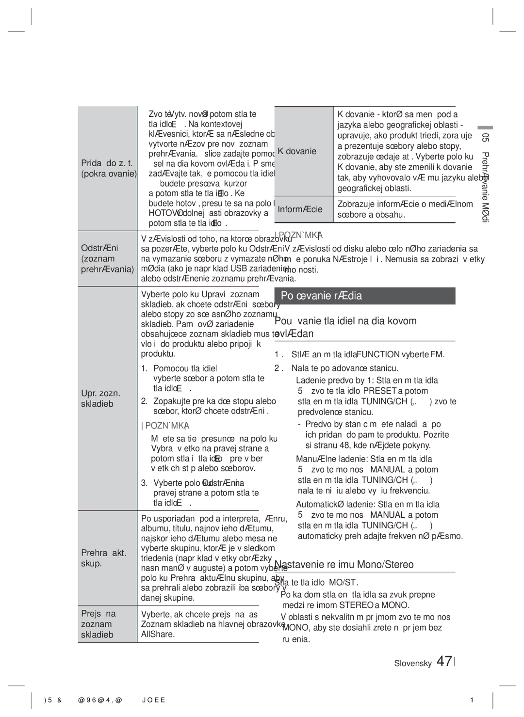 Samsung HT-E8200/EN manual Počúvanie rádia, Používanie tlačidiel na diaľkovom ovládaní, Nastavenie režimu Mono/Stereo 