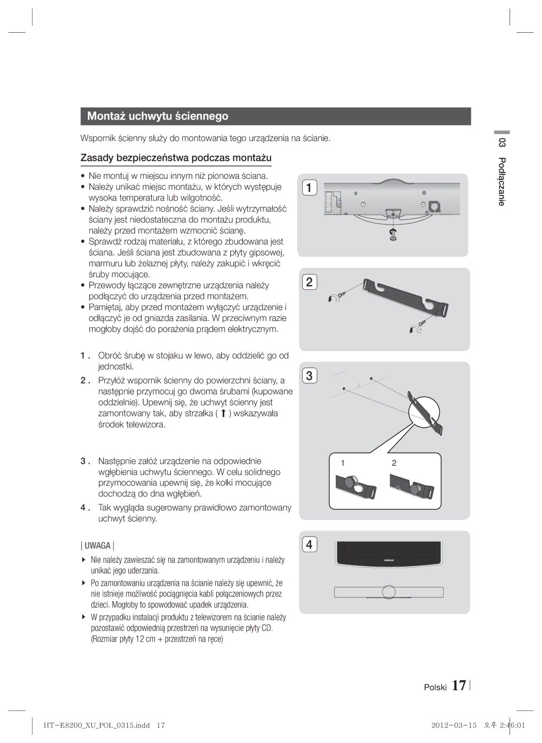 Samsung HT-E8200/EN manual Montaż uchwytu ściennego, Zasady bezpieczeństwa podczas montażu 