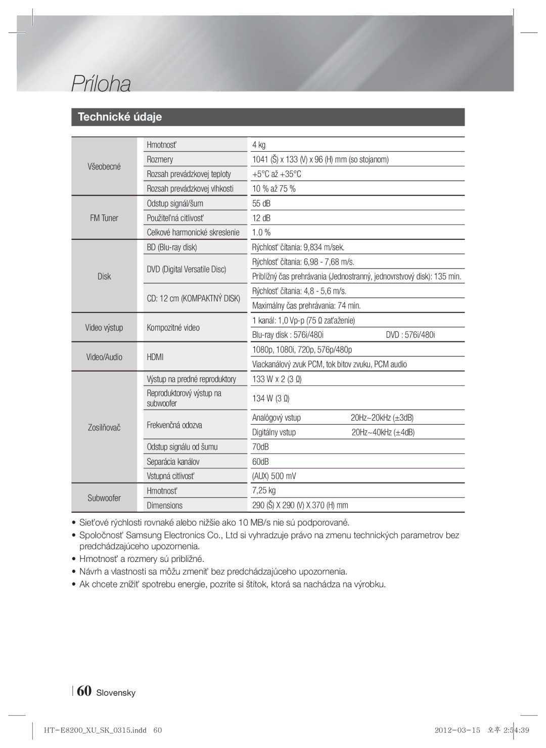 Samsung HT-E8200/EN manual Technické údaje 