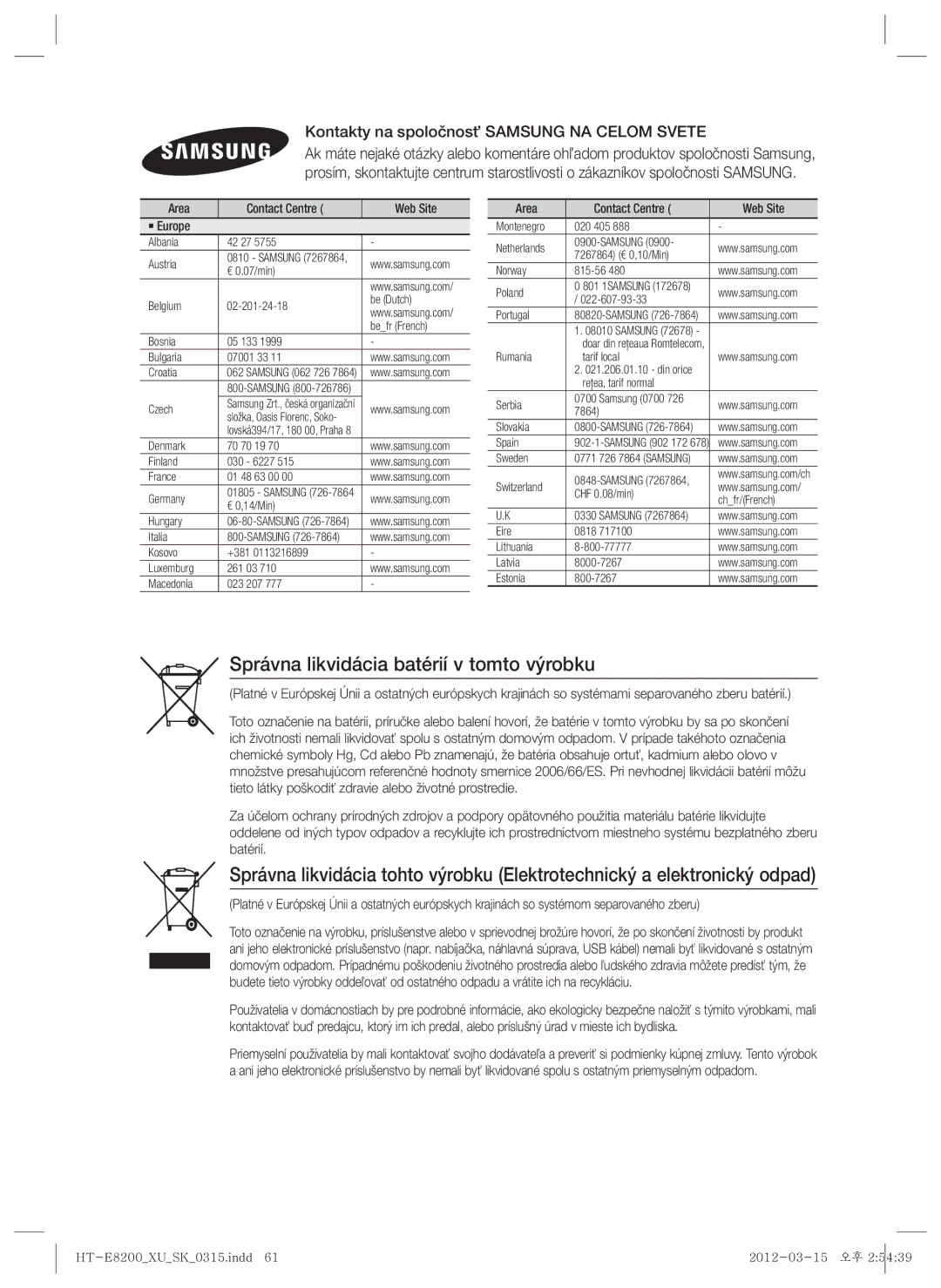 Samsung HT-E8200/EN manual Správna likvidácia batérií v tomto výrobku, Kontakty na spoločnosť Samsung NA Celom Svete 