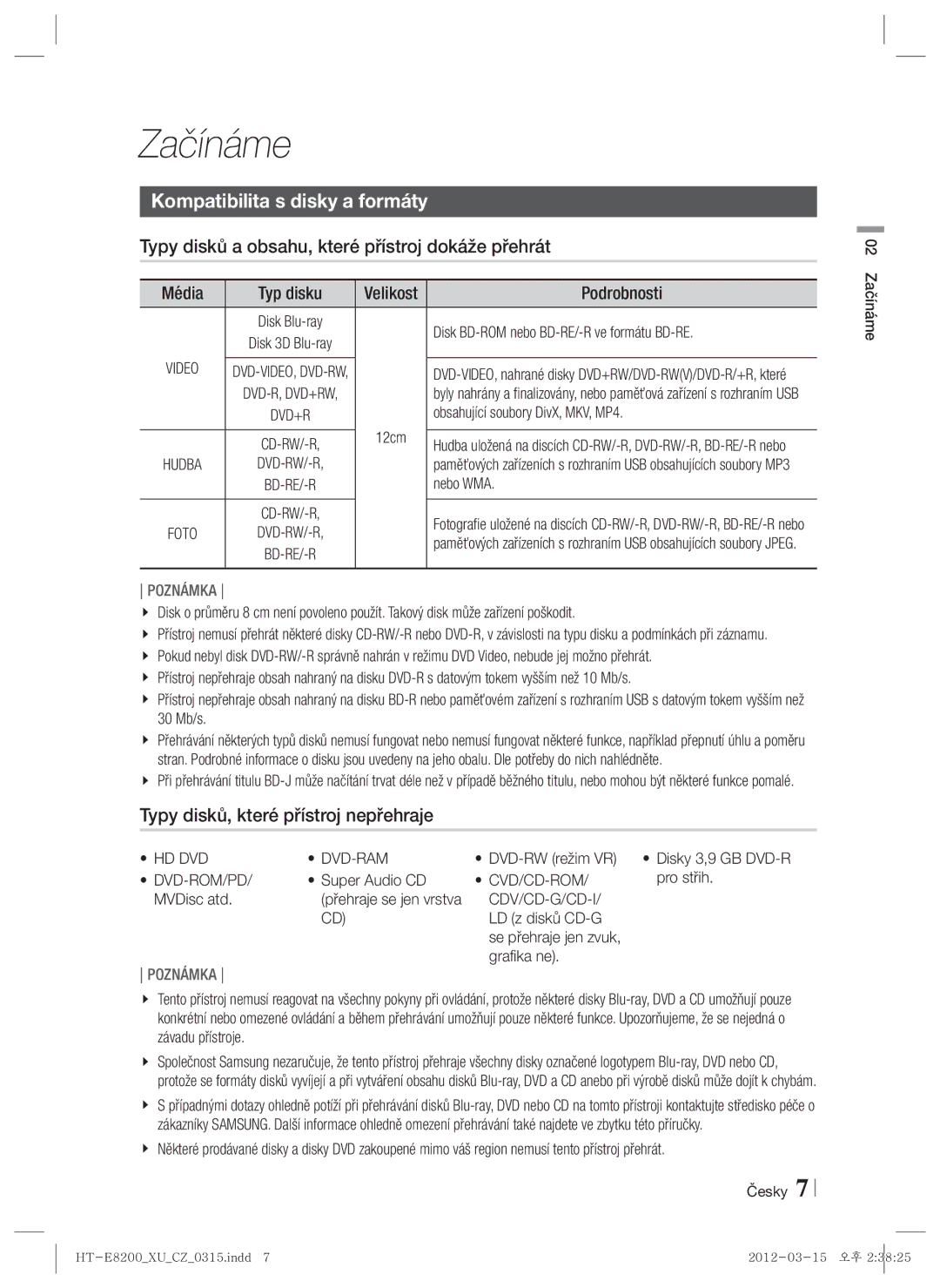 Samsung HT-E8200/EN manual Začínáme, Kompatibilita s disky a formáty, Typy disků a obsahu, které přístroj dokáže přehrát 