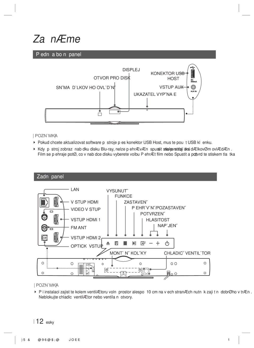 Samsung HT-E8200/EN manual Přední a boční panel, Zadní panel, Host, Ukazatel Vypínače, 12 Česky 