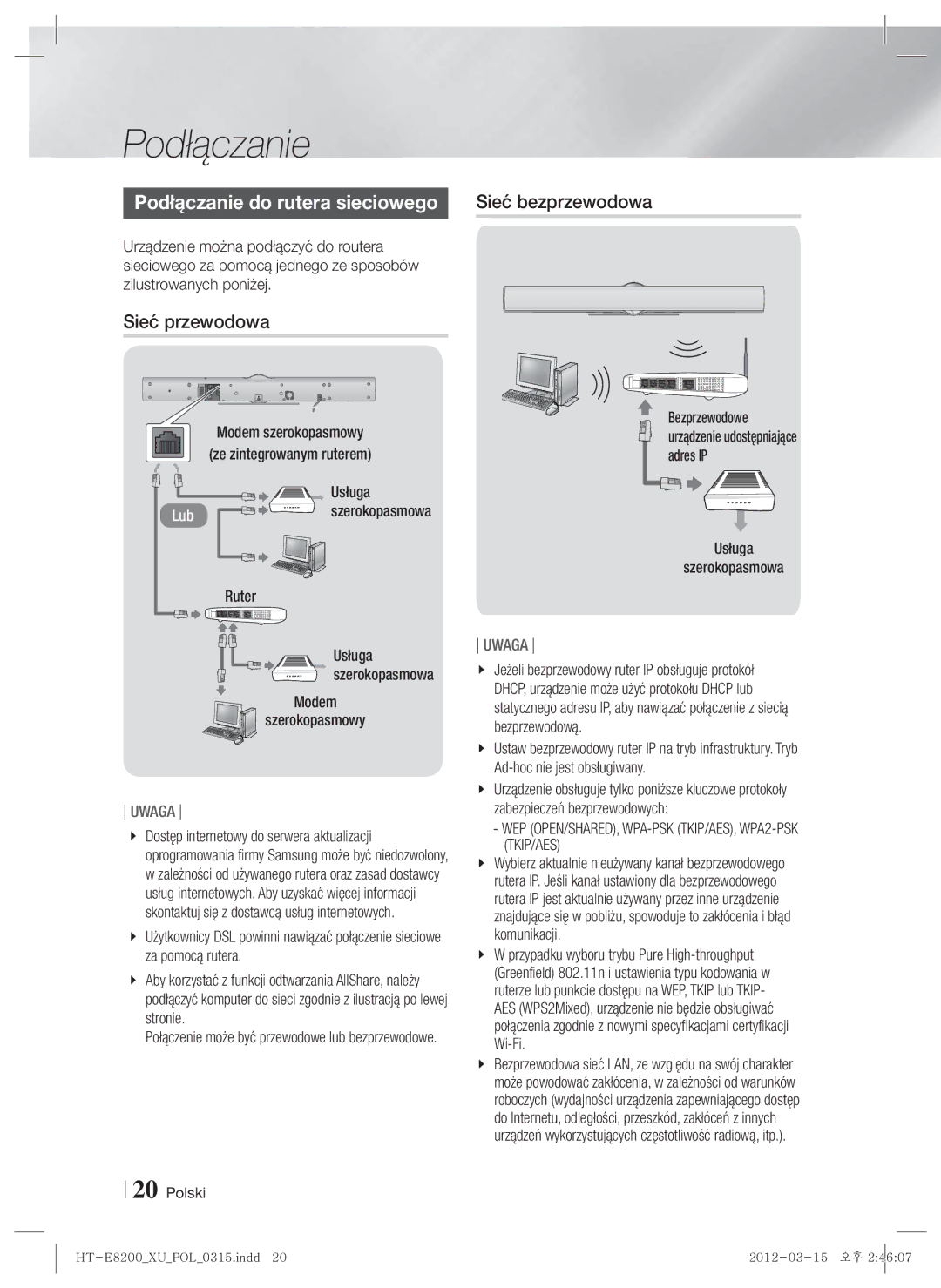 Samsung HT-E8200/EN manual Sieć przewodowa, WEP OPEN/SHARED, WPA-PSK TKIP/AES, WPA2-PSK TKIP/AES 