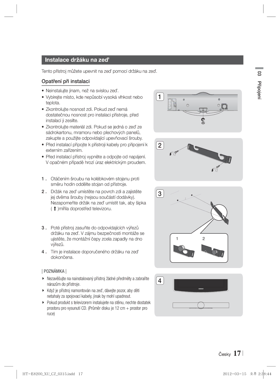 Samsung HT-E8200/EN manual Instalace držáku na zeď, Opatření při instalaci, Připojení Česky 