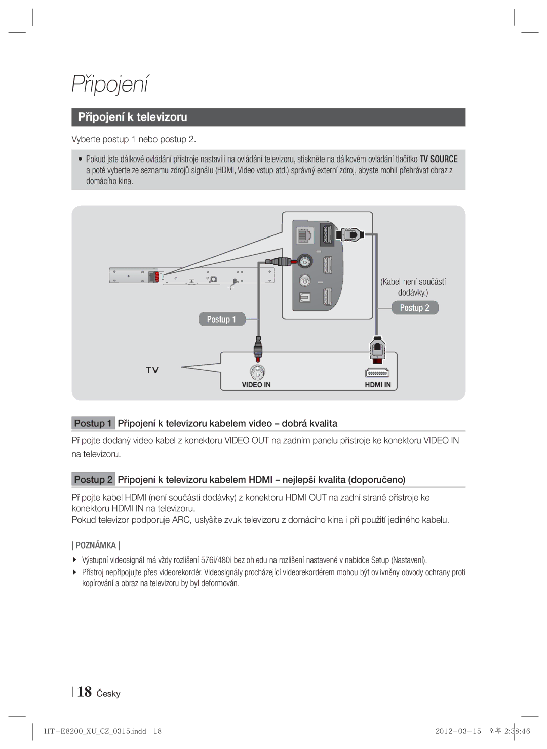 Samsung HT-E8200/EN manual Připojení k televizoru, Kabel není součástí Dodávky, 18 Česky 